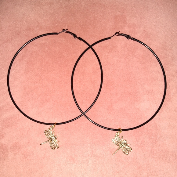 KATTA Huge 5" Dragonfly Black Hoops Oversized Hoop Earrings Charms Dragonflies - Picture 5 of 10